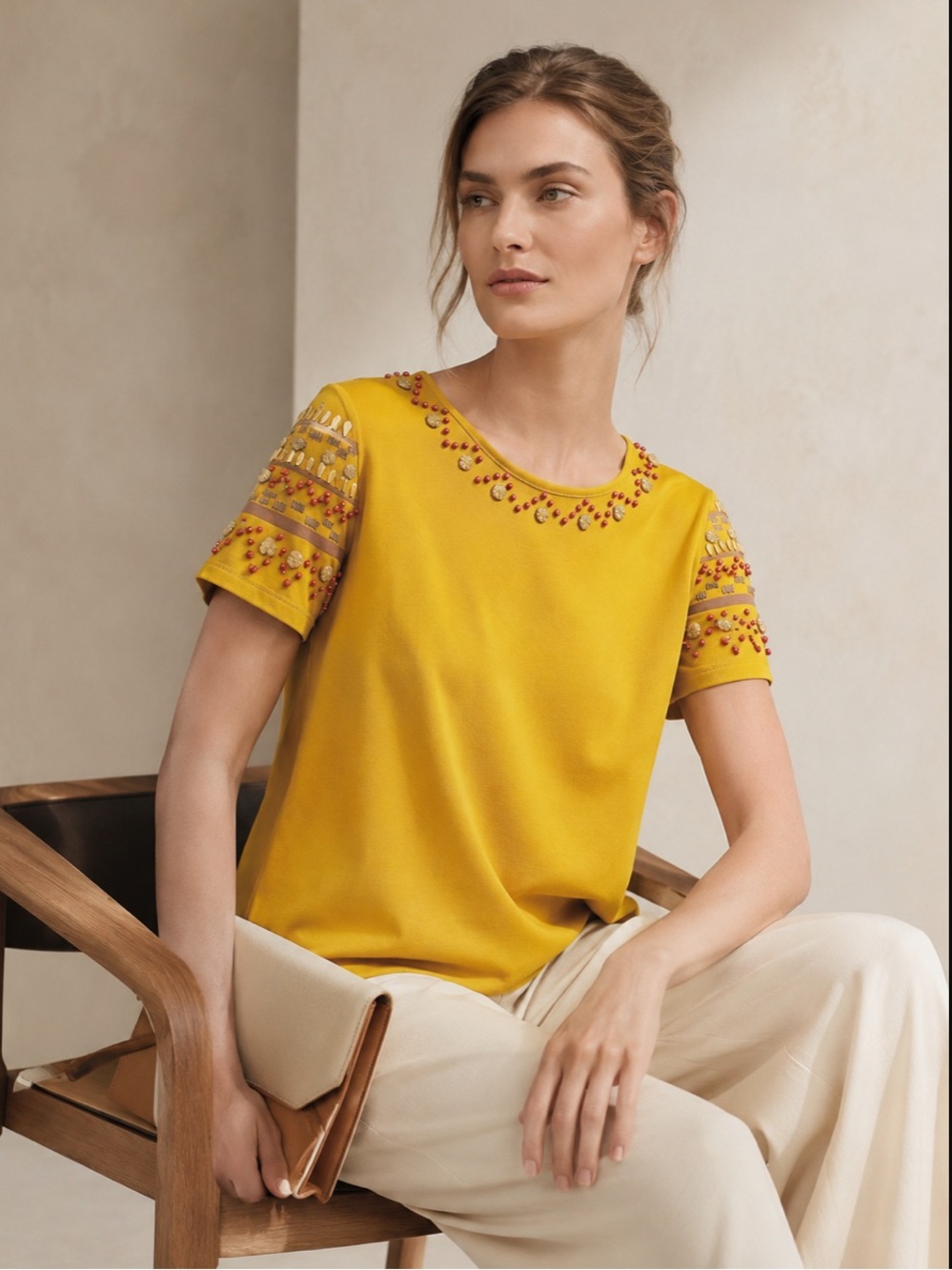 Max Mara Embellished Beaded Tee Mustard Yellow Short Sleeve Top Smal Luxury Boho